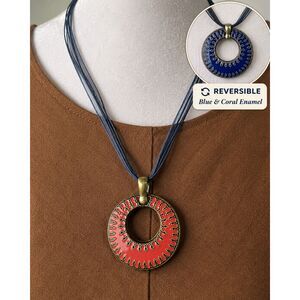 Reversible Blue Coral Enamel Pendant Necklace Statement Ribbon Cord Boho